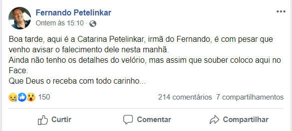 Morre o ator Fernando Petelinkar, ex-ator da Globo / Foto: Reprodução Facebook