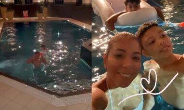 Esposa do jogador, Tiago Silva, estreia piscina da nova mansão, em Londres, com os filhos