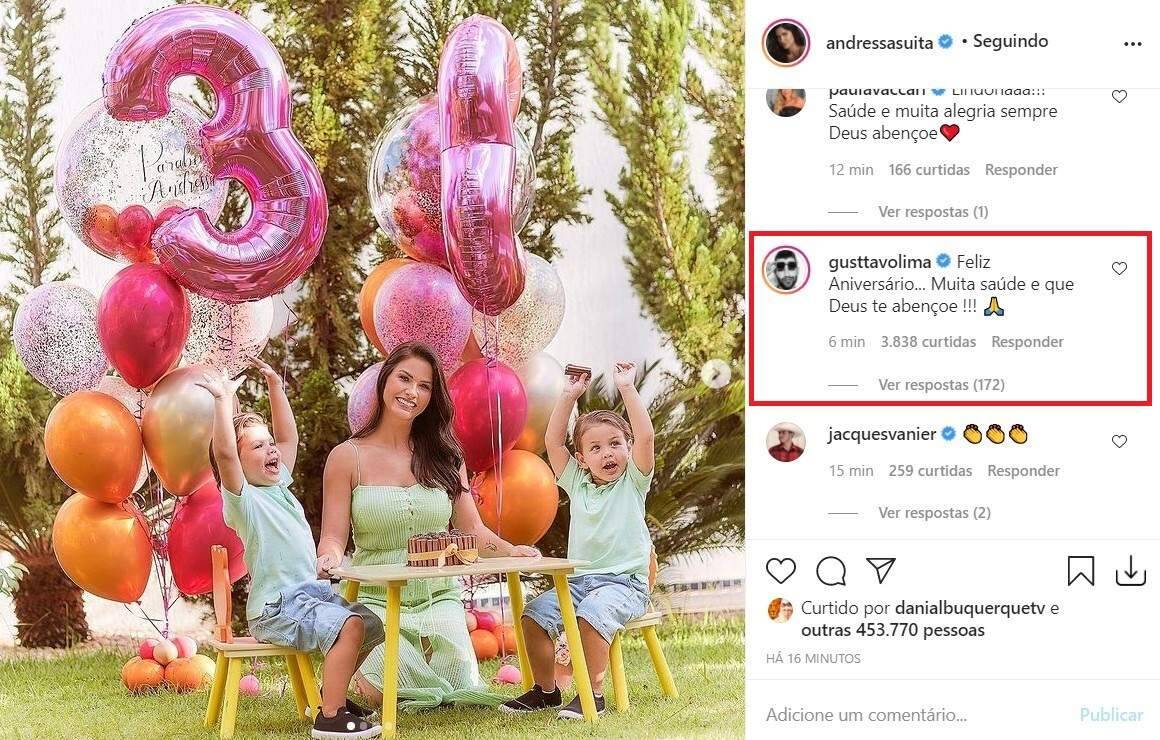Andressa Suita celebra aniversário junto aos filhos e ganha mensagem de Gusttavo Lima. (Foto: Reprodução/Instagram)