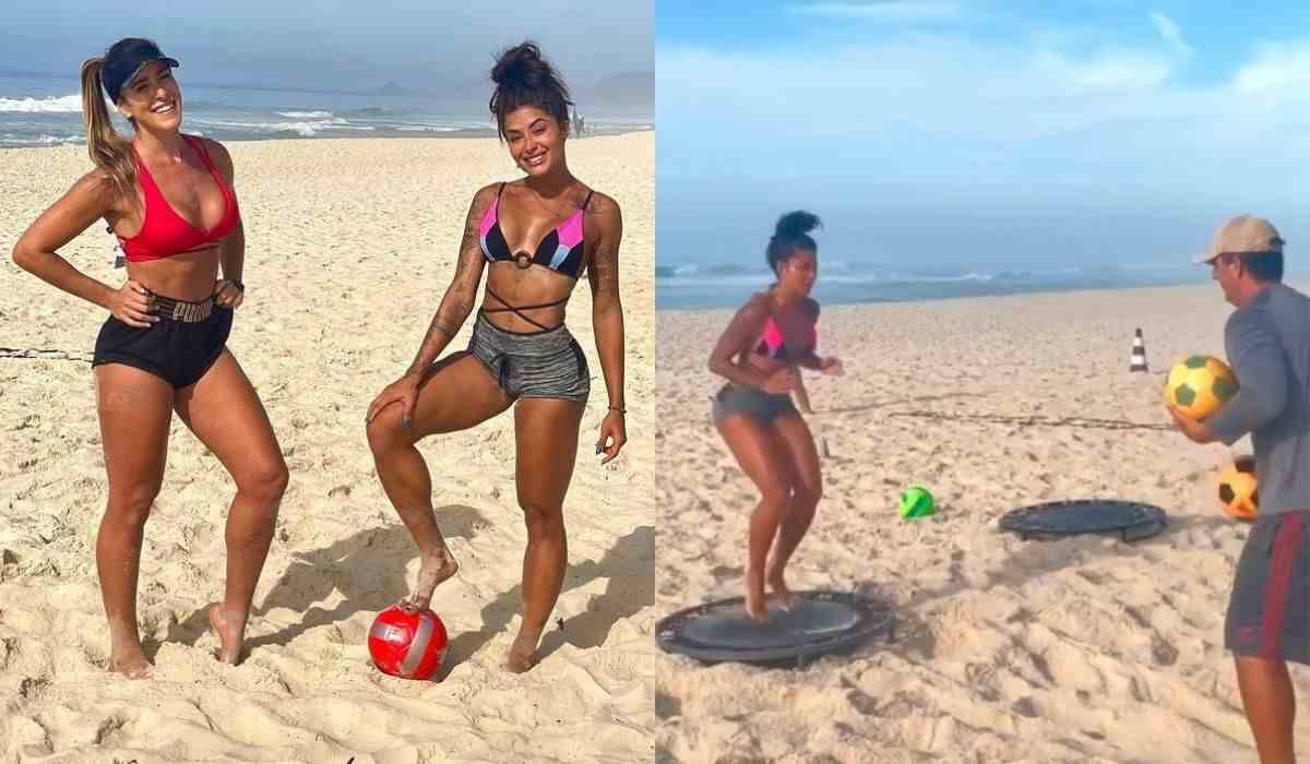 Aline Riscado exibe habilidade no futebol ao se exercitar na praia