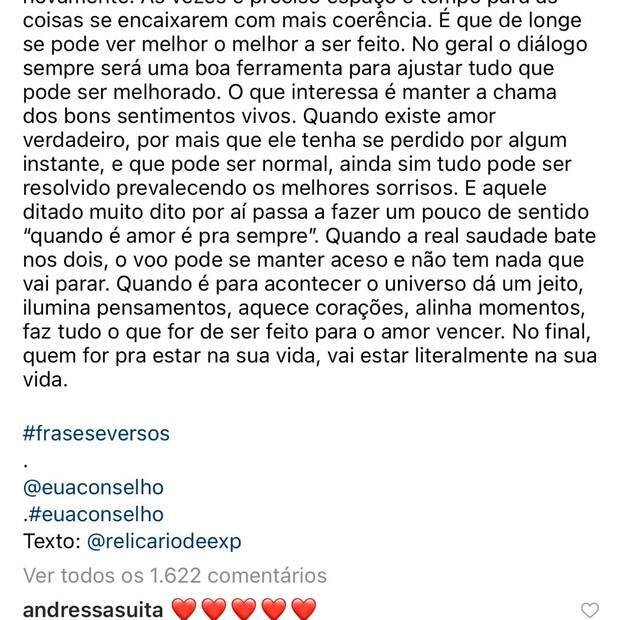 Após ser vista com Gusttavo Lima, Andressa Suita comenta texto sobre reconciliação: "amor é pra sempre". (Foto: Reprodução/Instagram)