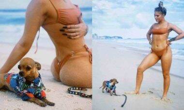 Luisa Sonza posa de biquíni ao lado da cachorrinha 'Gisele Pinscher' em praia do Rio