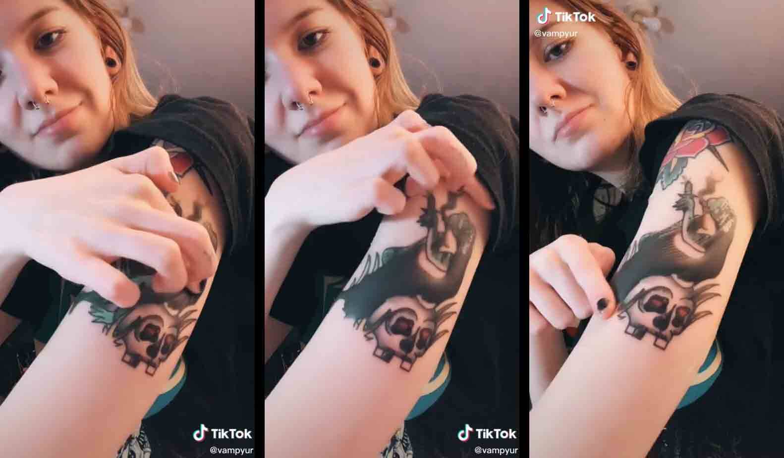 Tatuadora chama atenção ao mostrar “bolha de tinta” no braço. Foto: Reprodução TikTok