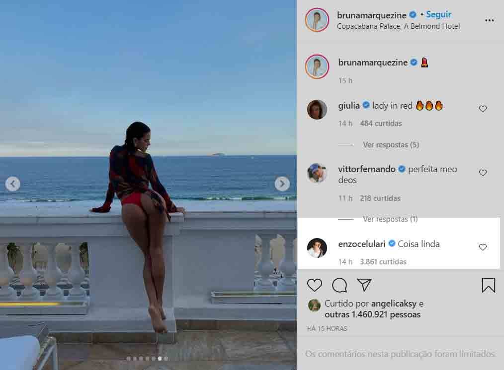 Enzo Celulari não se contem e comenta clique de Bruna Marquezine: ‘Coisa linda’ Foto: Reprodução Instagram