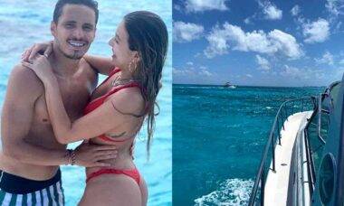 Bruna Santana posa com Raphael Veiga em passeio de barco por Cancún