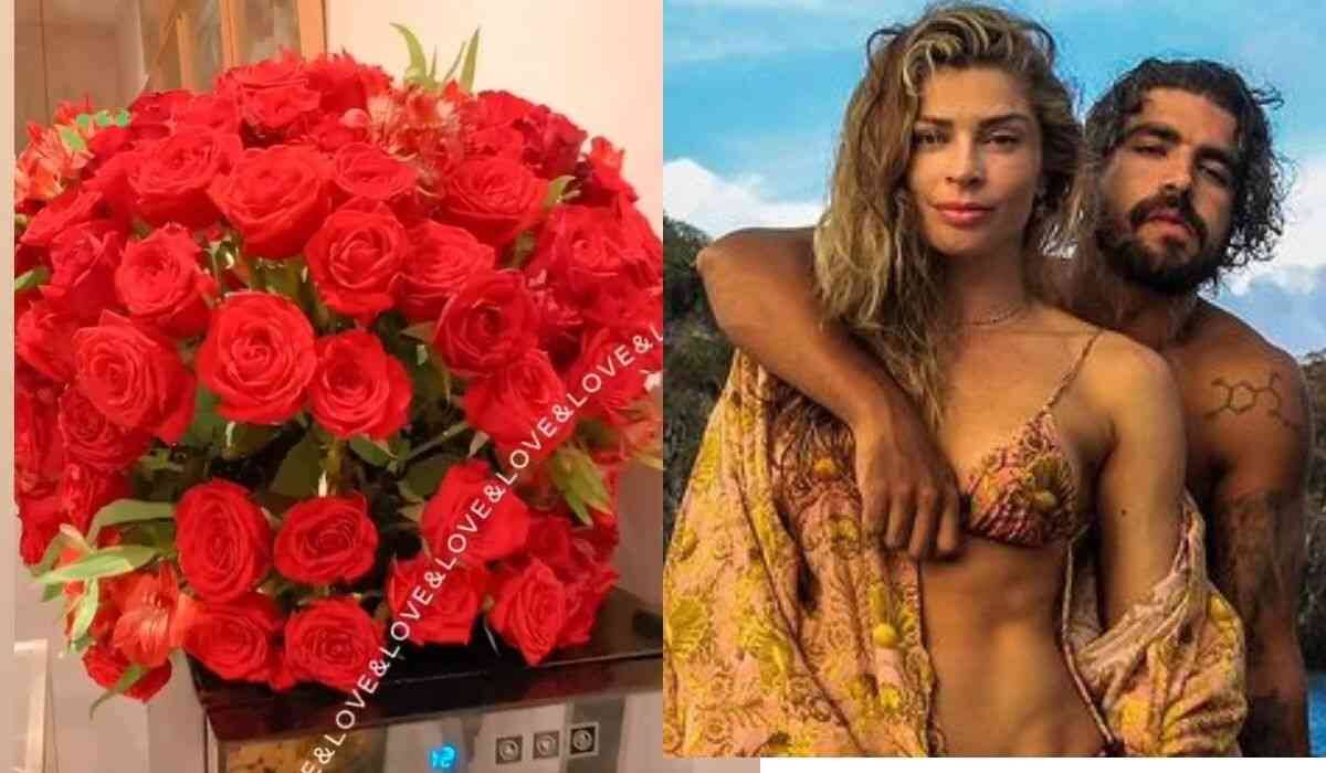 Caio Castro presenteia Grazi Massafera com buquê de rosas: "amor"