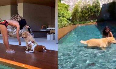 Bruna Marquezine curte dia de sol e brinca com seus cachorros na piscina
