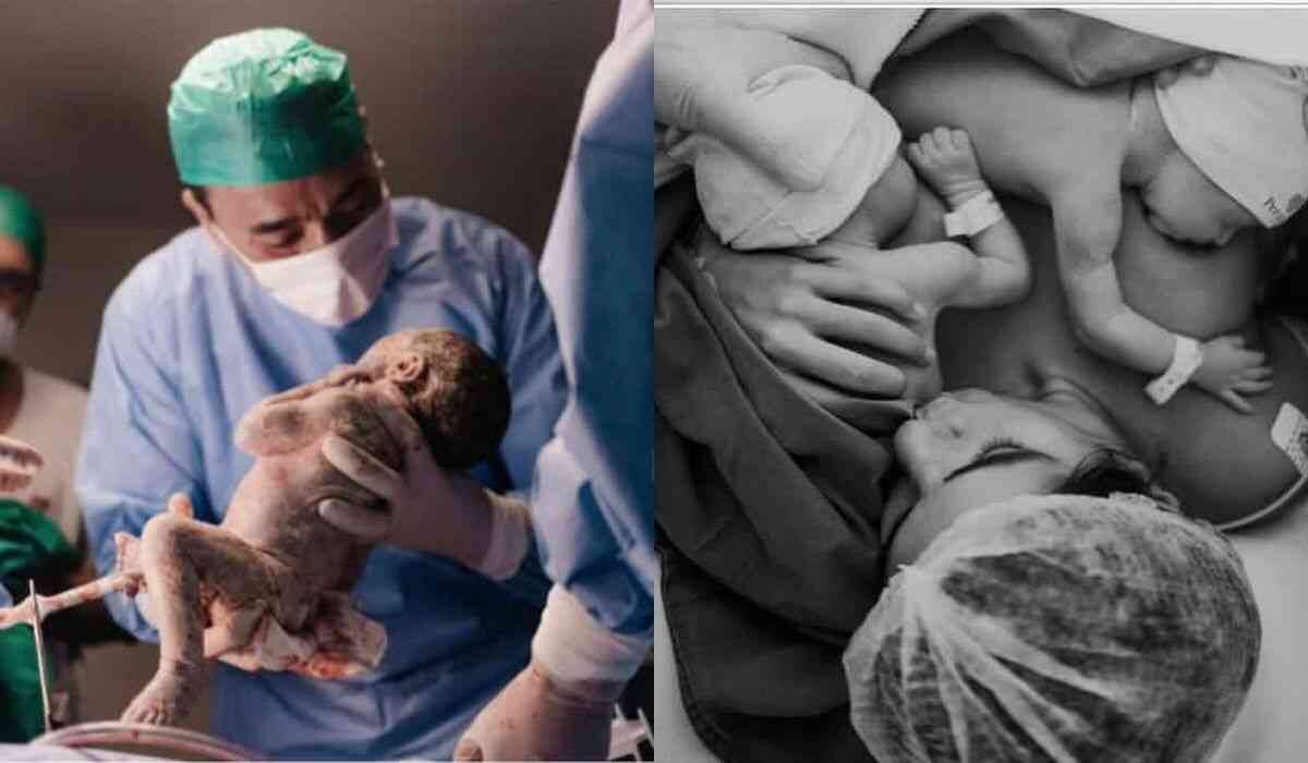 André Rizek exibe novas fotos do parto dos gêmeos com Andréia Sadi