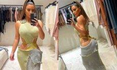 Kim Kardashian chama atenção por cintura fina e vestido 'diferentão'
