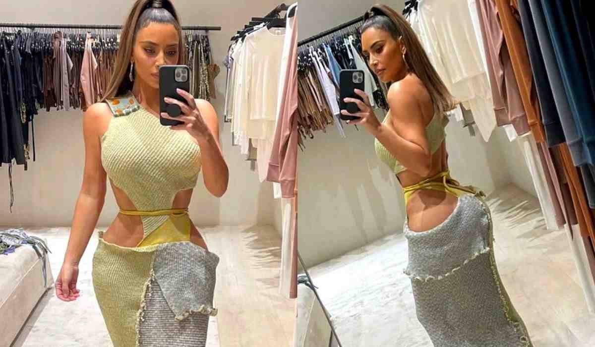 Kim Kardashian chama atenção por cintura fina e vestido 'diferentão'