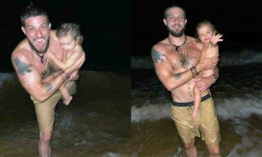 Chay Suede posa com a filha em banho de mar noturno e encanta os fãs