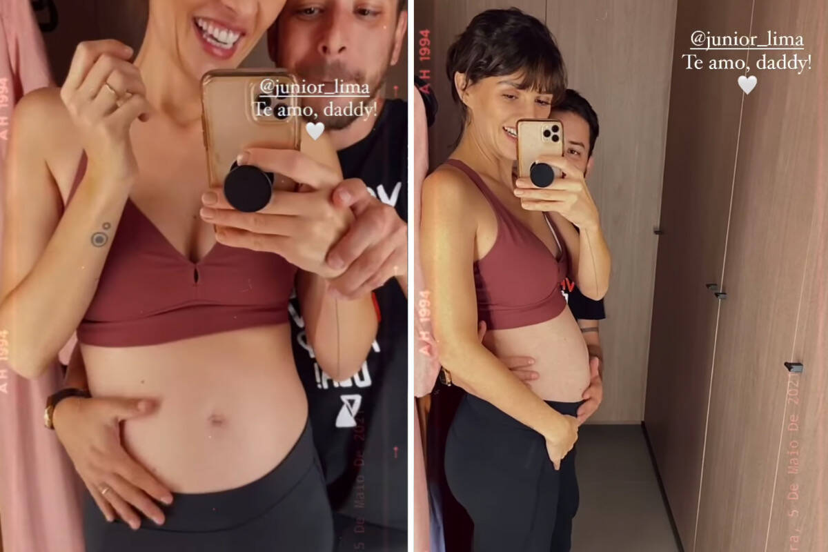 Junior Lima faz carinho na barriga de grávida de Monica Benini: "Papai"