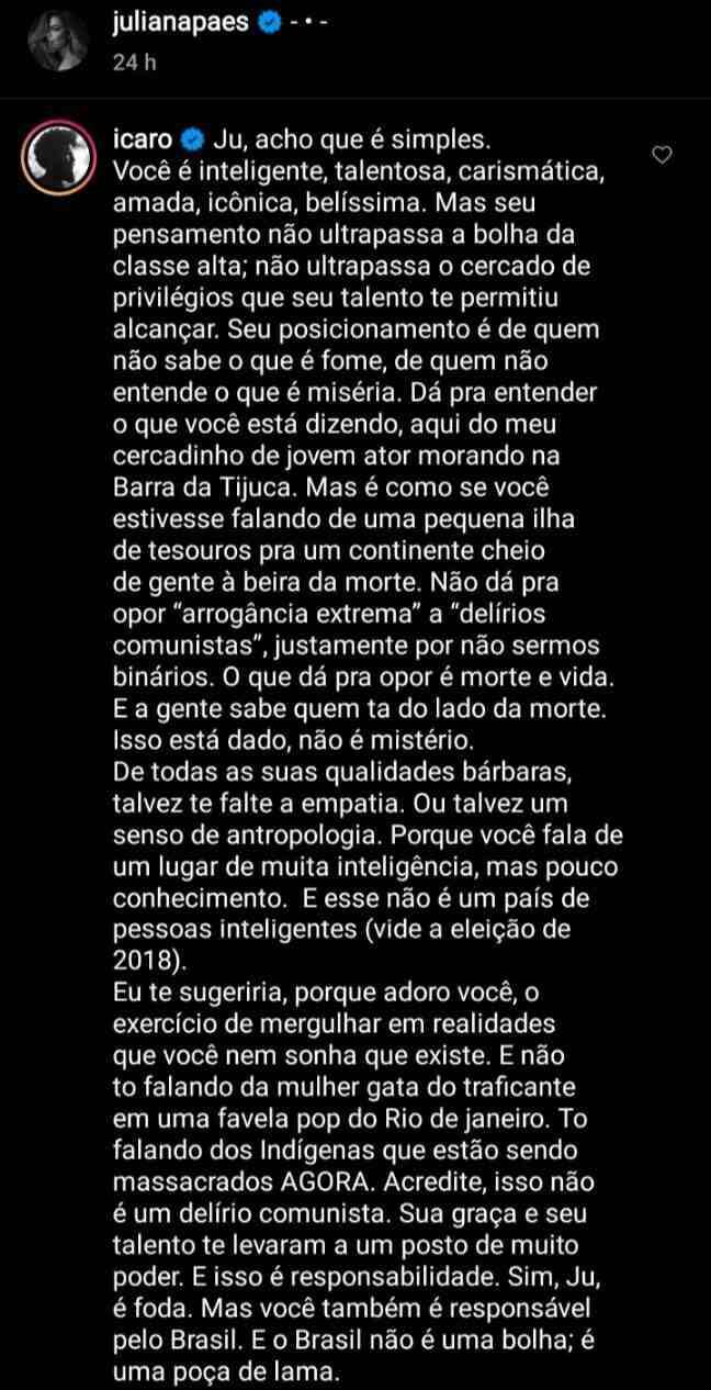 Ícaro Silva rebate vídeo polêmico de Juliana Paes: 'talvez te falte empatia' (Foto: Reprodução/Instagram)