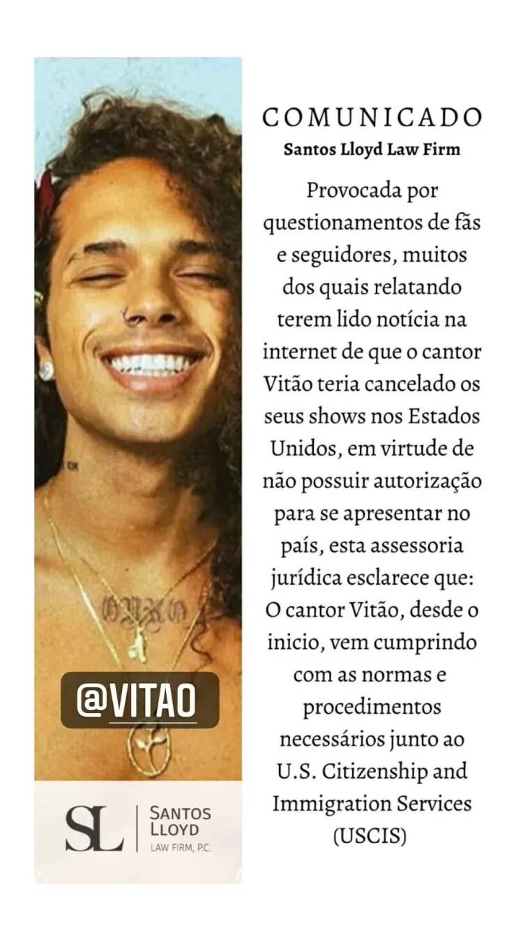 Vitão anuncia que teve de adiar a turnê nos EUA por causa de visto (Foto: Reprodução/Instagram)