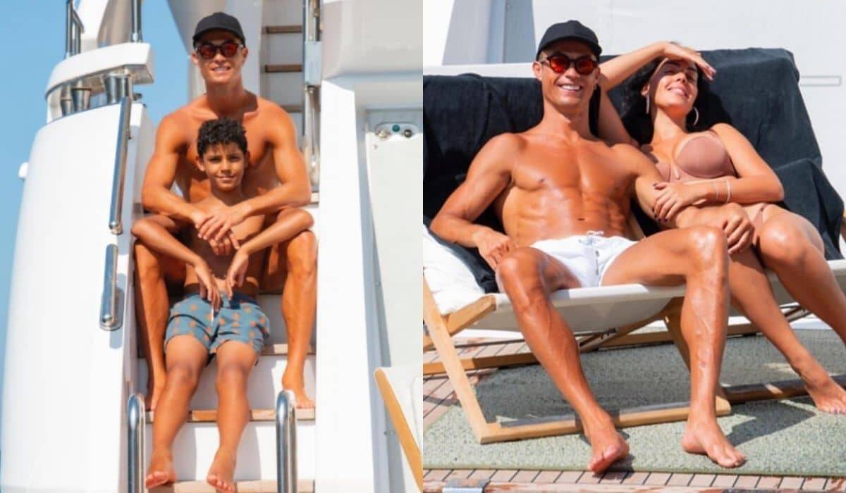 De férias! Cristiano Ronaldo posa com a família em iate