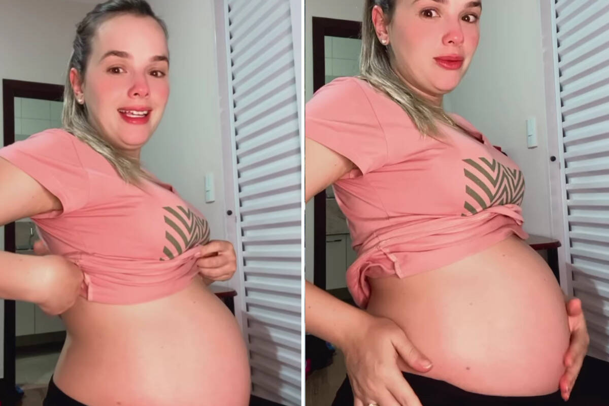 Thaeme exibe o barrigão de 29 semanas de gravidez: "O cuidado tem que ser redobrado"