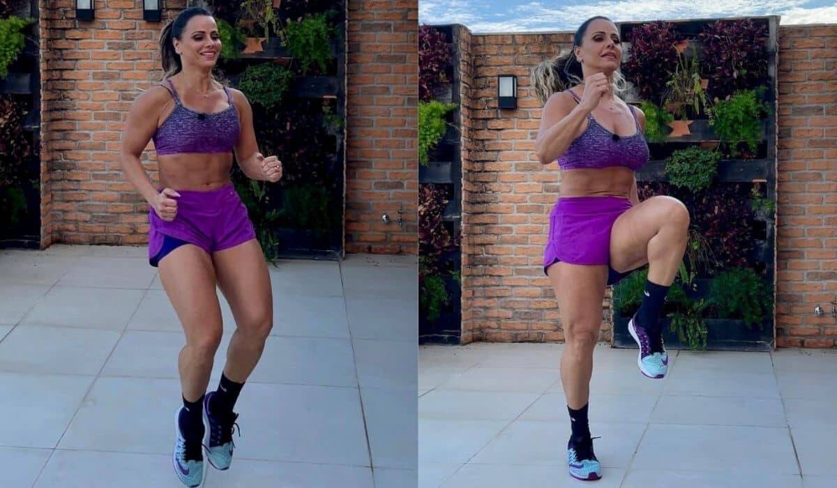 Viviane Araújo posa fazendo sua rotina de exercícios em casa: 'flutuando'